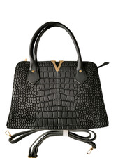Sac à Main - Femme - Fabriqué en France - Cuir - Noir - Motif Crocodile - V Doré