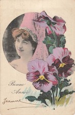CP BONNE ANNEE FEMME CHAPEAU