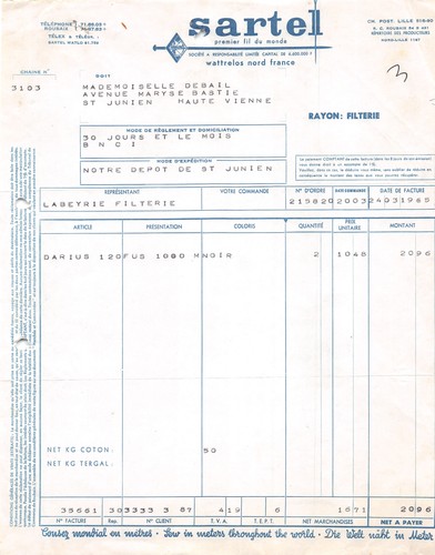 Facture 1965 sartel - 1965,