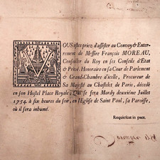 Collection 6 placards mortuaires parisiens 1745 Conseiller du Roy Notaire Avocat