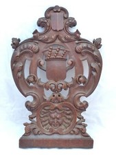 21" Antique Carved Architectural Furniture Panel Salvage Gothic 19th Coat of Arm