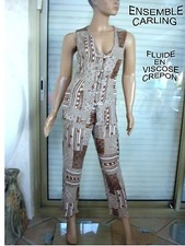 ENSEMBLE CASTING FLEURI TUNIQUE + PANTALON FLUIDE ASSORTI  BEIGE NEUF T36/38/40 