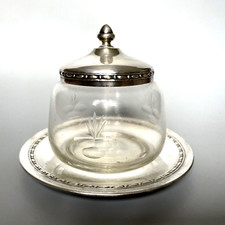 Pot à condiments moutarde en verre gravé à couvercle & soucoupe en métal argenté