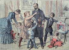 JOUR DE L'AN : RÉUNION en FAMILLE à la fin du 19e siècle -Gravure couleur 19e