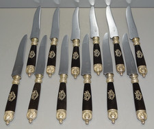 -COFFRET 12 COUTEAUX BOIS PRECIEUX Chiffrés DB Lames gravées GENEBRIAS LIMOGES