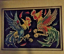 Sublime tapisserie ancienne "combat de coqs" type Lurcat