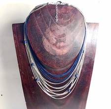 Agatha Important Collier Sautoir 14 Rangs Métal Argenté Et Perle Bleues Nuit