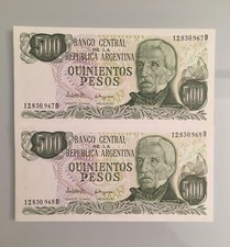 Lot 2 billets neufs No se suivant Argentine 500 Pesos vert no 12830967D et 968D