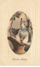 CHATS #MK39881 BONNE ANNEE CHAT GRIS NOEUD PAPILLON PANIER DE GUI