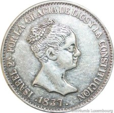 D2522 Fake Spain 20 Reales Reina Espanas Isabel II 1837 M CL Madrid Silver