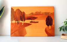 Ancienne suspension murale en bois, plaque en marqueterie, art mural paysage,...