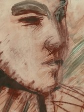 Tableau ancien pastel aquarelle portrait homme de profil à attribuer