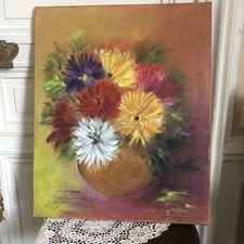 TABLEAU NON ENCADRÉ HUILE DUR TOILE « BOUQUET DE FLEURS »SIGNÉ MAHON