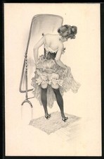 Ak Dame En Jupon Betrachtet Soi Dans Miroir Nu