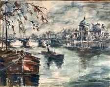 Grand Dessin Ancien Bord Seine Pont Des Arts  Aquarelle Original Antique Drawing