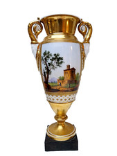 VASE en PORCELAINE DE PARIS doré à l'or Milieu 19e Paysage Animé, Bouquet Floral