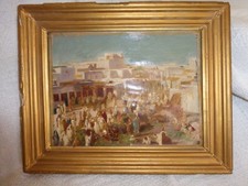 ANCIEN TABLEAU HUILE SUR TOILE ORIENTALISTE MARCHE ARABE DE BAB SOUIKA A TUNIS