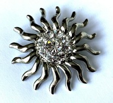 BROCHE vintage Argenté SOLEIL Strass très BRILLANT solide 5,35cm