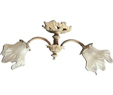 Lustre Ancien Suspendu, Bronze Doré 2 Bras de Lumière Tulipes en Verre, Fin XIXe
