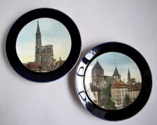 2 Assiettes Murales Strasbourg Église St Thomas et Cathédrale 1900 Faïence