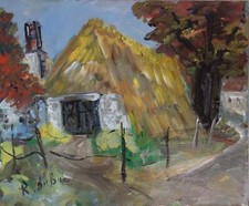 Roland DUBUC : Vieille maison à toit de chaume, Huile sur toile signée