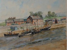 Belle Aquarelle Qualité Signée Halage Canal Bateaux Rivière