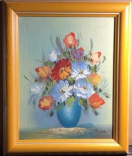 TABLEAU - BOUQUET DE FLEURS - HUILE SUR TOILE - SIGNÉ R. COX - CADRE 25 X 30 CM
