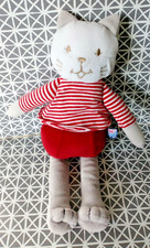 Doudou chat blanc gris pull rouge rayé Sucre d' Orge 28 cm