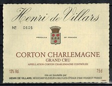 Etiquette Vin de Bourgogne-Corton Charlemagne-Grand Cru-Eleveur Villars-Réf.183