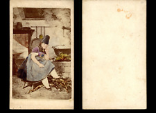 Cuisinière devant le feu Vintage albumen print CDV. Tirage
