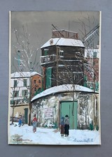 Montmartre, Paris, Estampe rehaussée de gouache d'après Utrillo