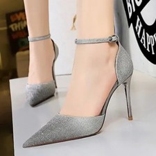Escarpins à talons aiguilles argentés pailletés pour femmes, bride...