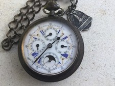 Regulateur 65mm Triple quantième Phase de lune acier+chaine+médaille 1910/1920