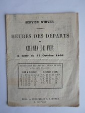 Indicateur CHEMIN de FER heures des départs RIOM CLERMONT CLERMONT RIOM 1866