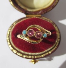 Bague ancienne or jaune 18 carats tourmaline rose et turquoise France vers 1900