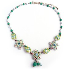 Collier court ras de cou perles rocaille fleurs feuilles bleu rose fête mères