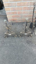 SERVITEUR DE CHEMINÉE EN FER FORGÉ + 4 ACCESSOIRES + Paire de Chenets anciens