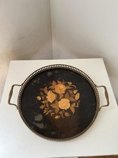 Plateau Vintage marqueterie décor fleurs et laiton