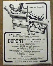 PUBLICITE VOITURE POUR MALADES DUPONT FAUTEUIL DE REPOS   advert 1924