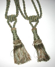 2 EMBRASSES POUR RIDEAUX CÂBLE DOUBLE TORSADE VERT/BEIGE A POMPON TEXTILE SATINE