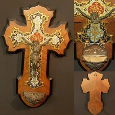 19ème rare grand crucifix ancien bronze bénitier 41cm émail cloisonné Christ