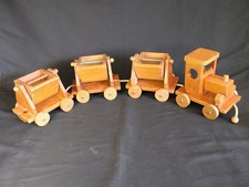 Train de mine en bois vintage fait main, avec locomotive et 3 wagons basculants,