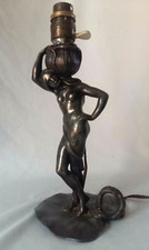 BOUGEOIR ancien ETAIN signé Ch. PERRON monté en LAMPE nénuphar FEMME NU fleur