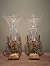 PAIRE VASES CORNET Napoléon III Cristal Gravé /Bronze Doré XIXème?H. 34 CM