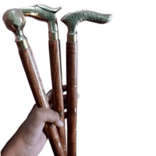 Lot De 3 Canes Anciennes En Bois Avec Poignée En Laiton Solide Cadeau