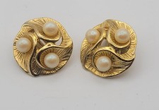 Vintage Boucles D'oreilles Perles En Verre - Clips - Métal Doré Texturé #GT# K30