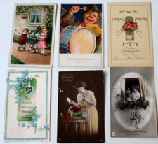 11768 6 Kitsch Cartes Postales Anniversaire Clown Frau Enfants Fleurs Relief À