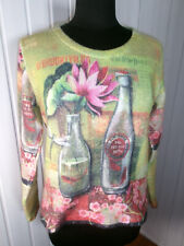 Pull épais chaud vert/rose AVENTURES DES TOILES petit 46  38/40  bouteille fleur