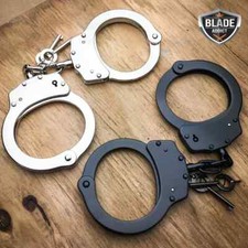 Menottes de police nickelées réelles + clés 2 PC professionnelles double verr...