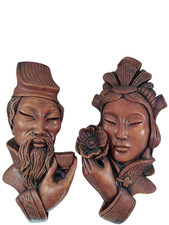 Ancienne et Grande Décoration Murale superbe Sculpture Couple Asiatique Plâtre